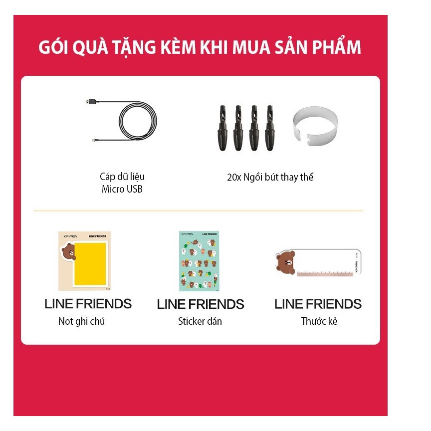Bảng Vẽ Điện Tử Siêu Mỏng Lực Nhấn 8192 XP-Pen Star G640LM LINE FRIENDS + Kèm Combo Quà Tặng Hấp Dẫn + ĐẦU OTG