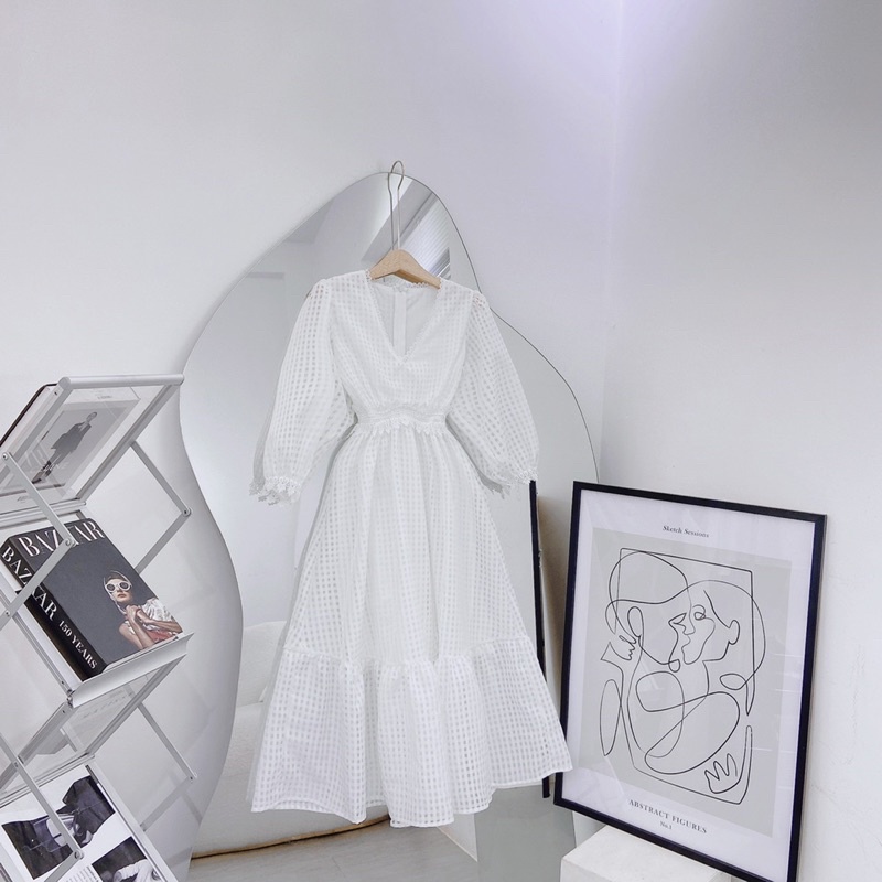 ĐẦM MIDI TRẮNG CỔ V REN Ô NHÍ TAY LỠ BO