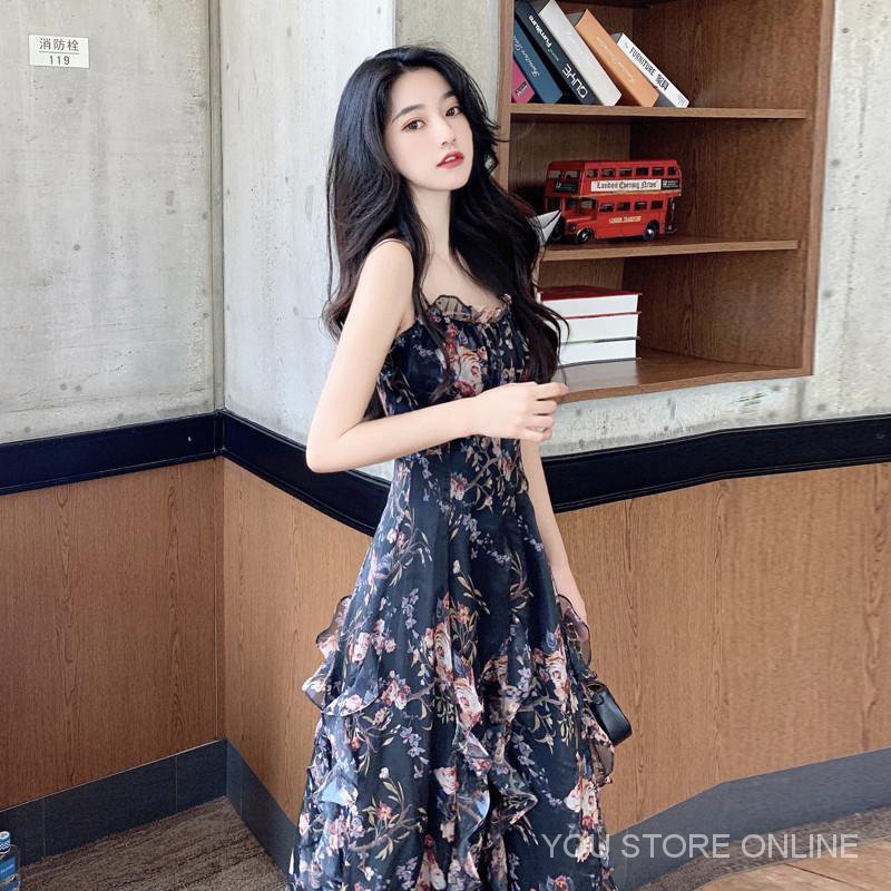 ❤Ence★Đầm Dài Hai Dây Vải Voan In Hoa Chuông Kiểu Pháp Thời Trang Mùa Hè Hàng Mới Dành Cho Bạn Nữ