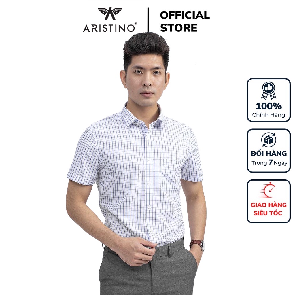 Áo sơ mi nam ngắn tay ARISTINO ASS085S9 somi cộc tay công sở sợi tre cao cấp màu trắng caro xanh dáng suông tà bằng