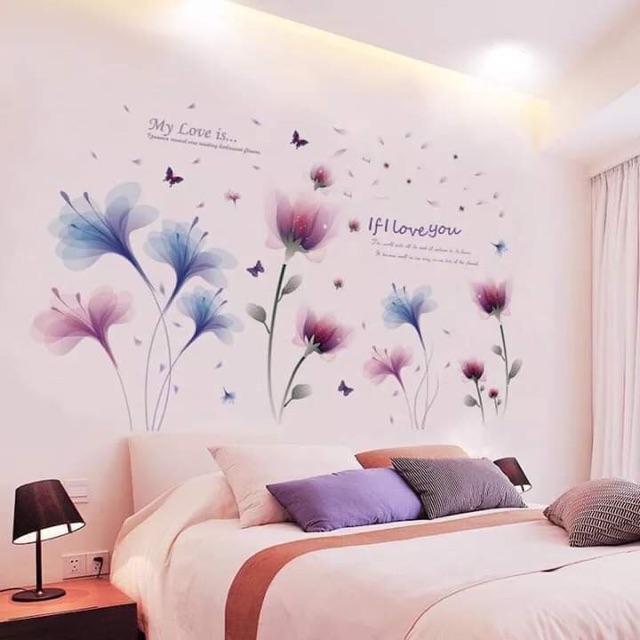 Decal dán tường Combo 2 tranh hoa pha Lê tím + hoa tím xanh