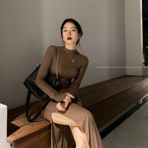 ĐẦM BODY THUN DÀI CỔ CAO XẺ TÀ TAY XỎ NGÓN SEXY - BODYCON DRESS COTI OFFICIAL