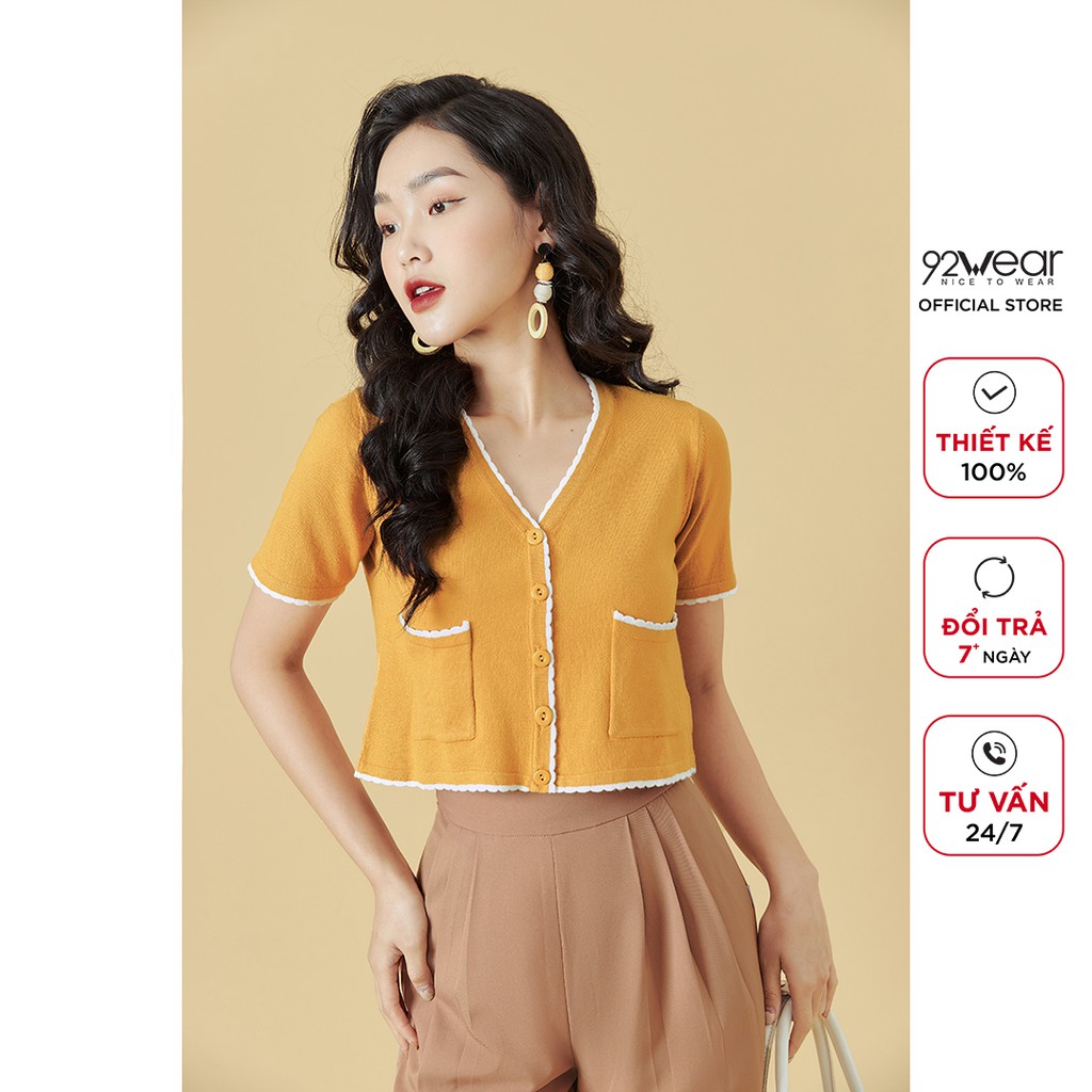 [Mã WABRH11 giảm 10% đơn 99K] Áo len nữ mỏng cổ tim 92WEAR ngắn tay túi 2 bên, thiết kế trẻ trung, hiện đại ALA0062 | BigBuy360 - bigbuy360.vn