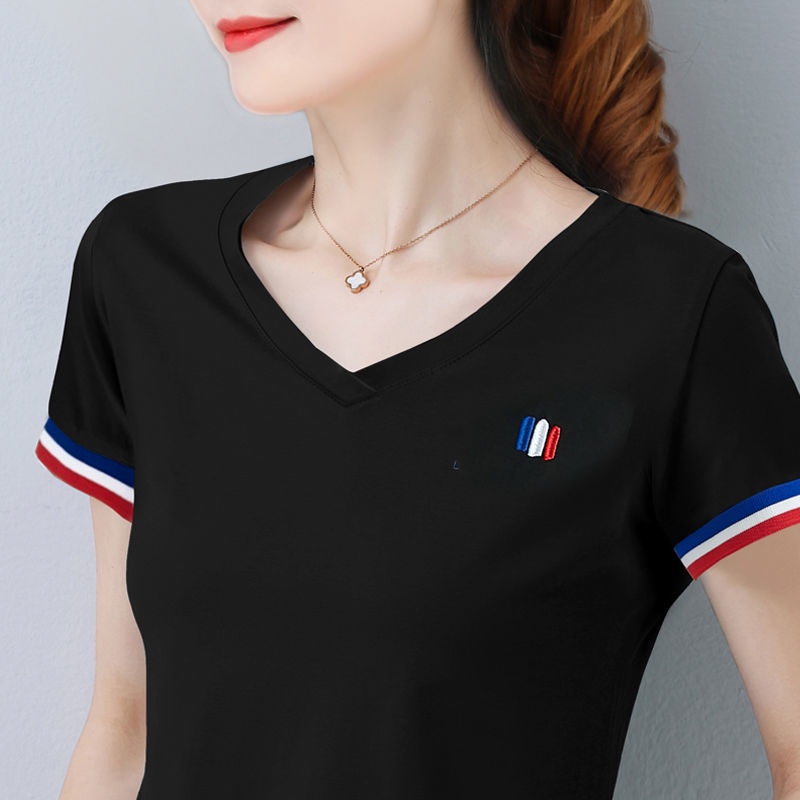 Áo Thun Cotton Mỏng Tay Ngắn Cổ Chữ v Thêu Họa Tiết Thời Trang Mùa Hè Mới Cho Nữ