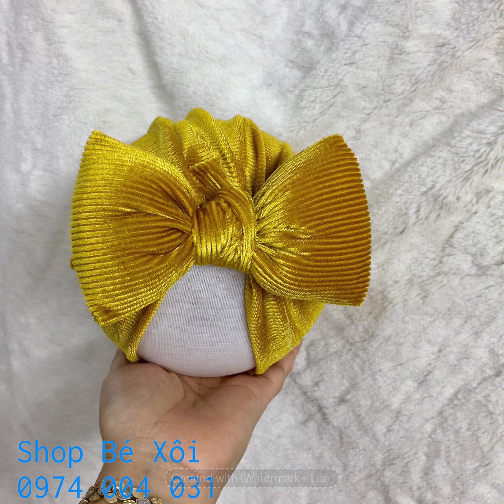 [HÌNH THẬT] Mũ Nón turban cho bé gái 0 - 12 tháng vải nhung vàng - 4 kiểu