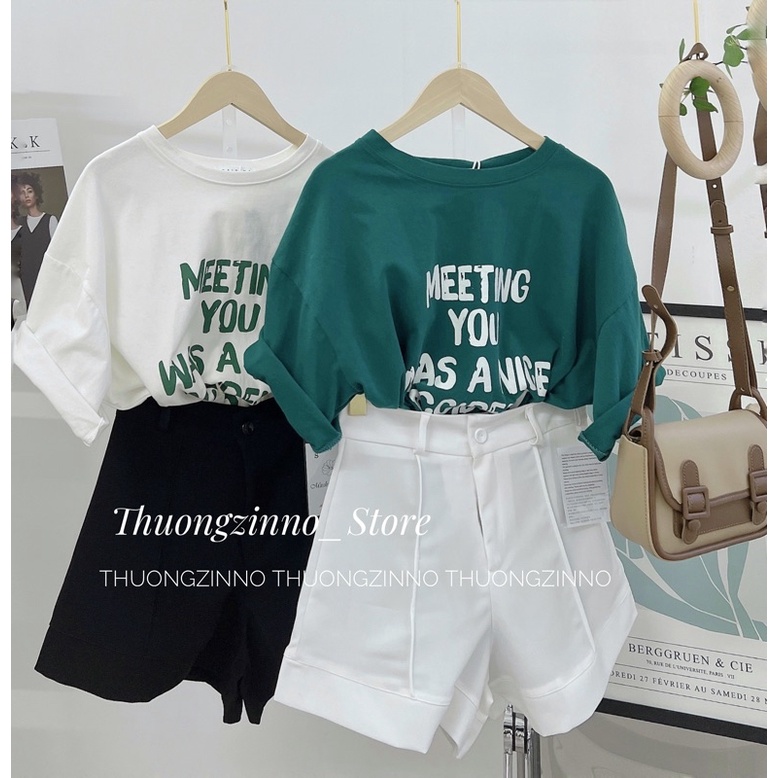 [Hàng hot]Áo phông “MEETING YOU” xanh rêu form rộng tay lỡ unisex nam nữ  Áo phông chất cotton mịn đẹp