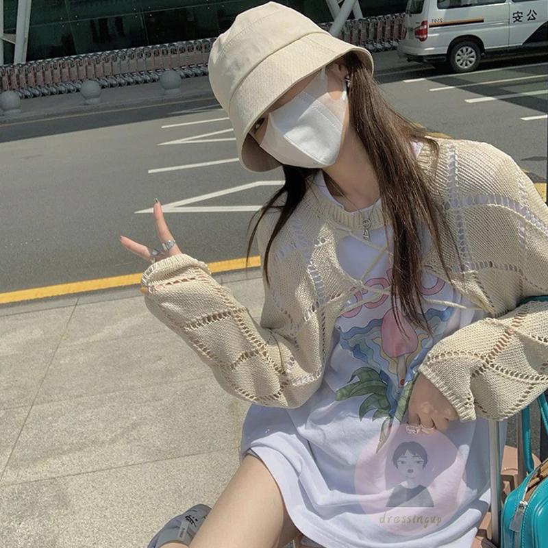 Áo Dệt Kim Tay Dài Cổ Tròn Màu Trơn Thời Trang Cho Nữ