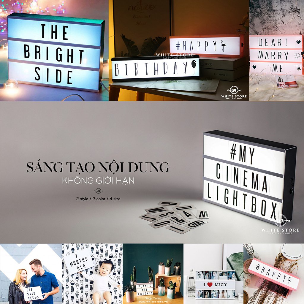 Hộp đèn LED gắn chữ - CINEMA LIGHT BOX -để bàn hoặc  treo tường trang trí phòng ngủ, nhà cửa hoặc tiệc sinh nhật kỉ niệm