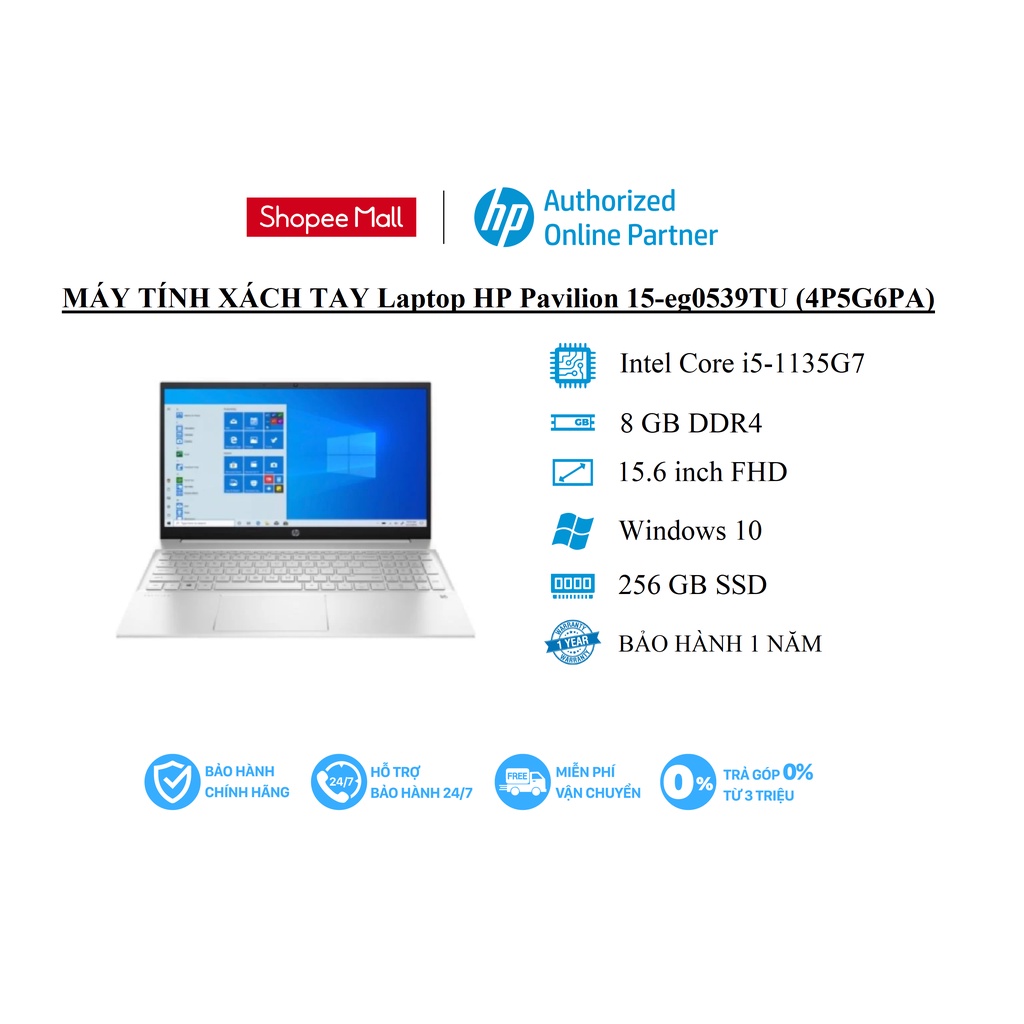 [Mã ELHP15 giảm 10% đơn 15TR] Laptop HP Pavilion 15 (4P5G6PA) / i5-1135G7-2.4G/ 8GB/ 512G SSD/ 15.6&quot; FHD/ Win 10