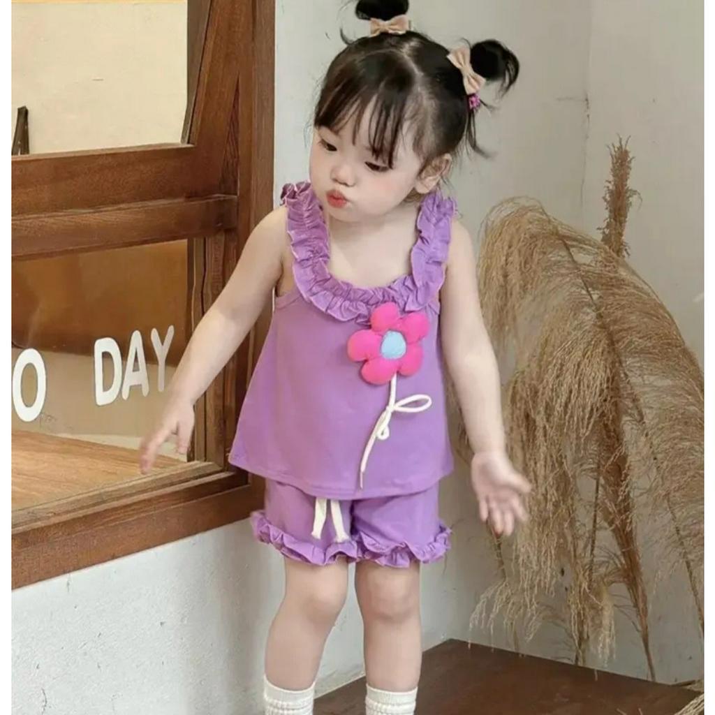 Đồ bộ bé gái - Bộ 2 dây bé gái đính hoa viền sóng size từ 7 đến 18 kg - SUN KID'S