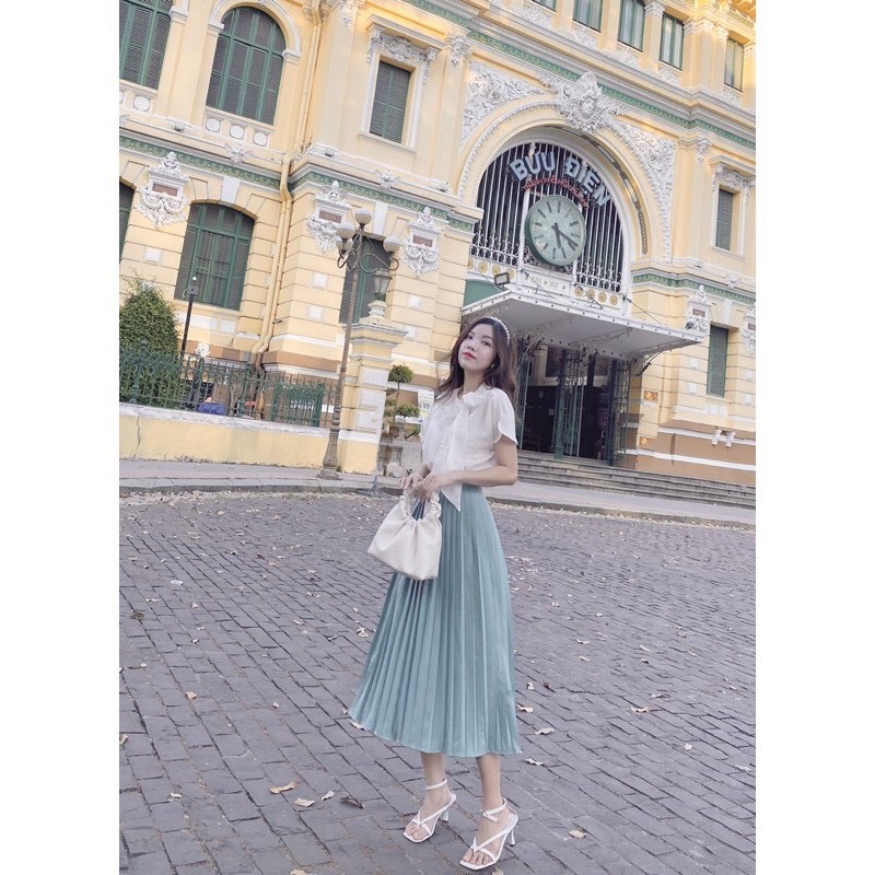 Set đầm váy  gồm chân váy xanh mint dập ly kèm sơmi trắng thắt nơ đẹp nữ tính