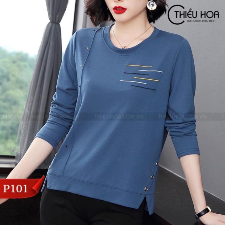 ✿ Áo Thun Trung Niên Nữ Dài Tay trẻ trung sang trọng, Áo Phông Nữ chất liệu vải mềm mịn thoáng mát THIỀU HOA P101 ✿ 📷