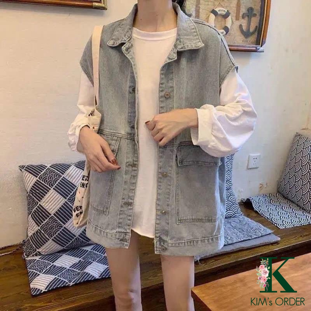 Áo khoác jean nam nữ form rộng Oversize sát nách phong cách Ulzzang hai màu xanh đen