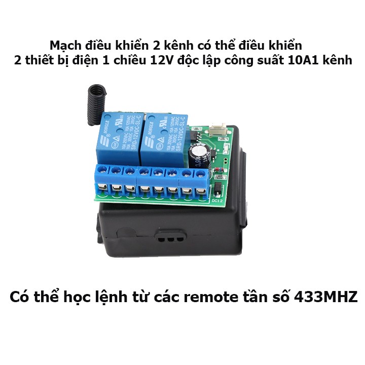 Bộ công tắc điều khiển từ xa 12V 2 cổng (2 kênh) điều khiên 2 thiết bị điện 1 chiều 12V DC