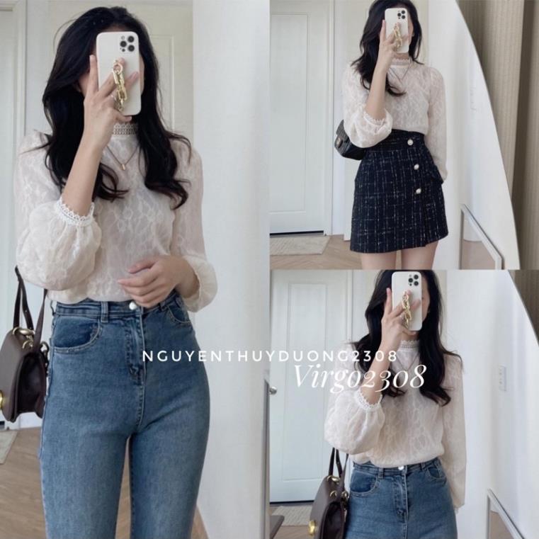 Áo Sơmi Ren Hoa Nổi Tay Bo Cổ Tròn YANFASHION