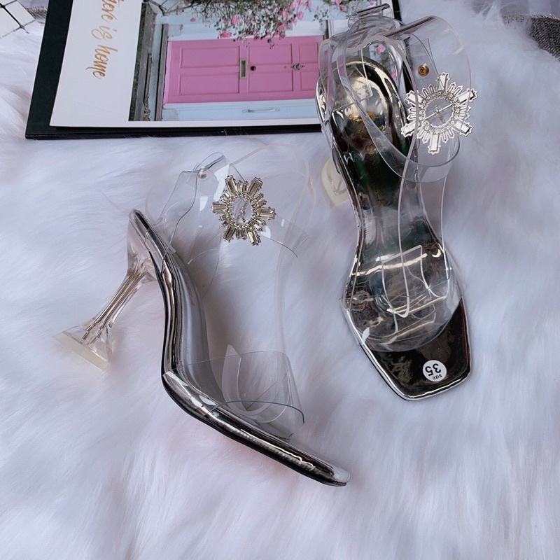 Dép sandal tiểu thư quai mảnh trong gót ly hoa đá cổ chân 9p cực sang chảnh