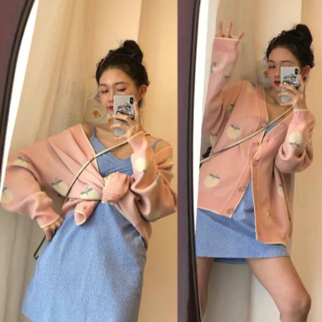 (Sẵn) Áo cardigan len họa tiết quả đào tông màu pastel dễ thương trẻ trung nữ ...