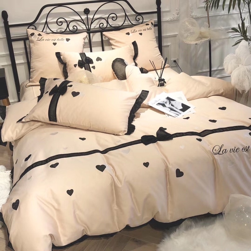Chăn Ga cưới Tencel 100s tim đôi bộ 7 món đẹp lung linh