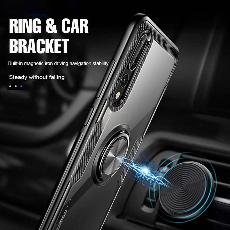 Huawei P20 Pro Lite Nova 4 4e Nova 3e Magnetic Ring Stand Holder Transparent TPU+PC Armor Case Cover