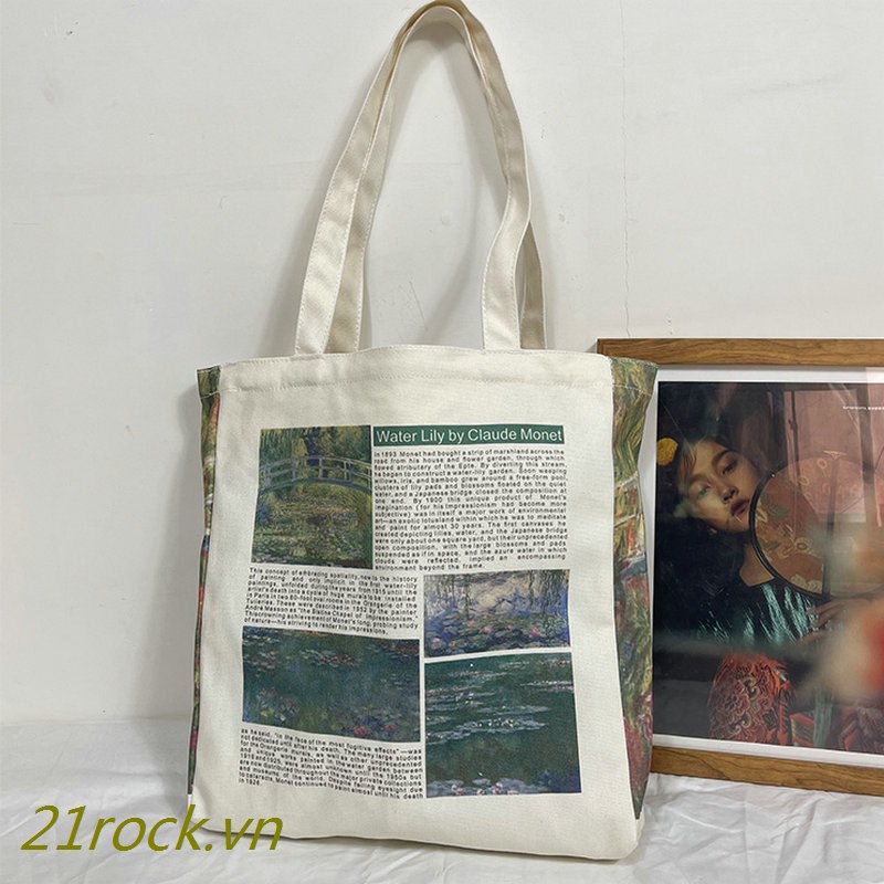 Túi Tote Đeo Một Bên Vai Bằng Vải Canvas Sơn Dầu Monet Water Lily Sức Chứa Lớn Phong Cách Hàn Quốc Cho Nữ Sinh