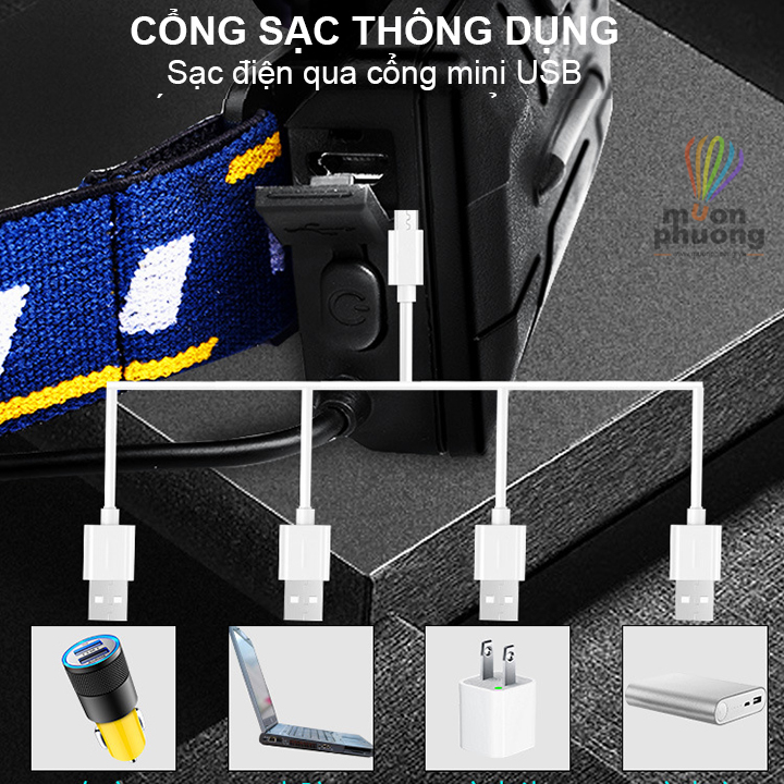 Đèn pin đội đầu nhiều bóng K005 - K007 chống nước kèm 2 pin sạc - MUÔN PHƯƠNG SHOP