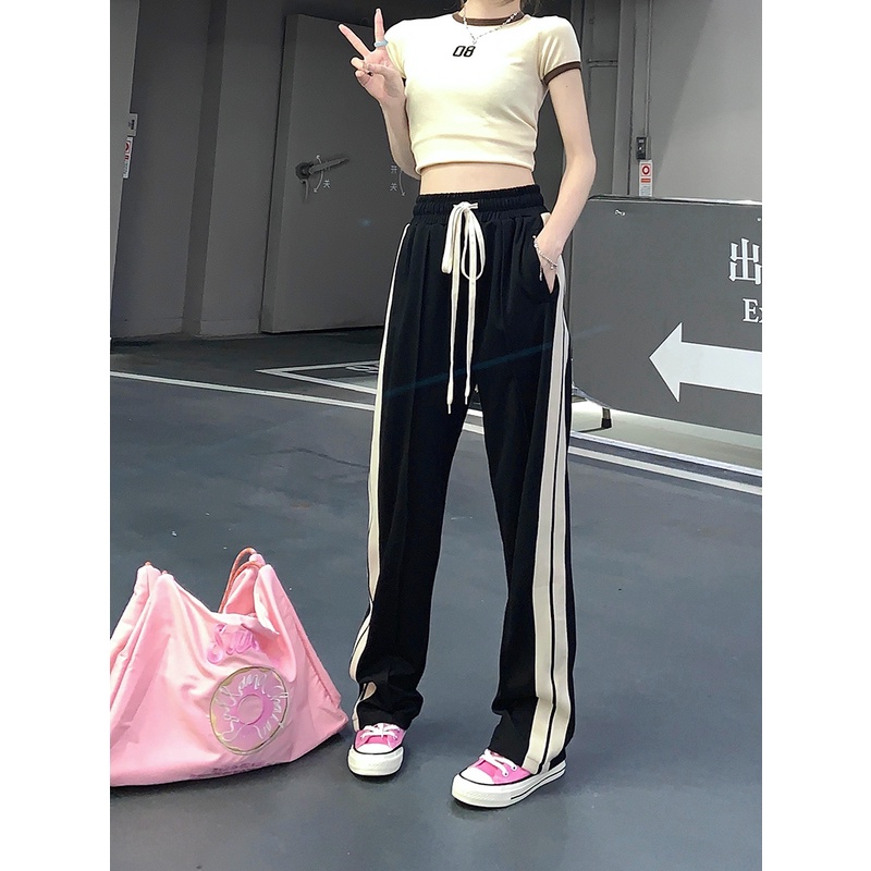 Quần dài ZHELIHANGFEI ống rộng lưng cao họa tiết sọc thời trang cho nữ