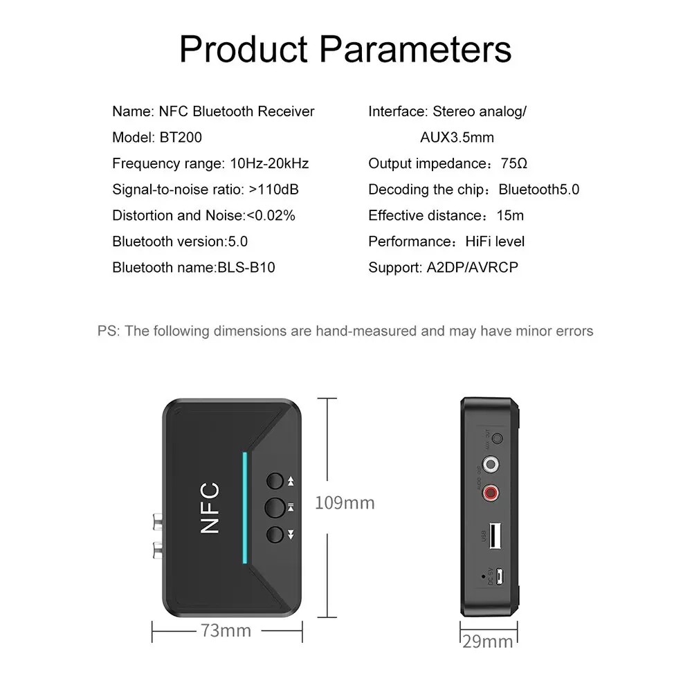 Bộ Thu Âm Thanh Bt200 Bluetooth 5.0 NFC 3.5mm AUX RCA Cho Xe Hơi