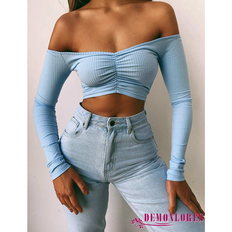 Áo Croptop Tay Dài Trễ Vai Màu Trơn Quyến Rũ Dành Cho Nữ