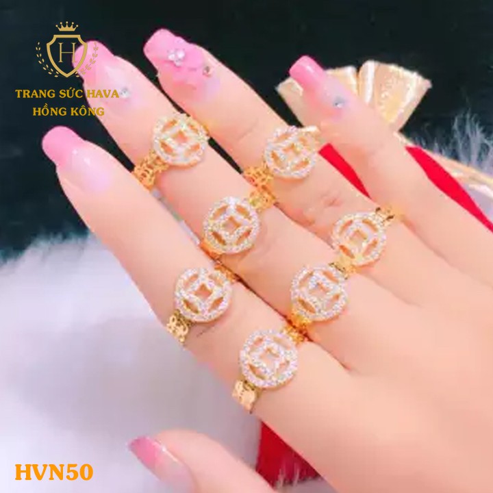 Nhẫn Titan Nữ, Nhẫn Nữ Kim Tiền Bản To Mặt Đính Đá Thời Trang Xi Mạ Vàng Non 24k - Trang Sức Hava Hong Kong - HVN50