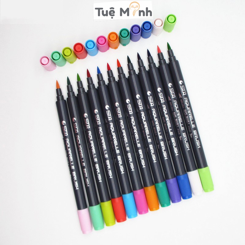 Bộ 12 bút brush 2 đầu gồm 1 đầu cọ lông mềm + 1 đầu bút Marker B01 full màu