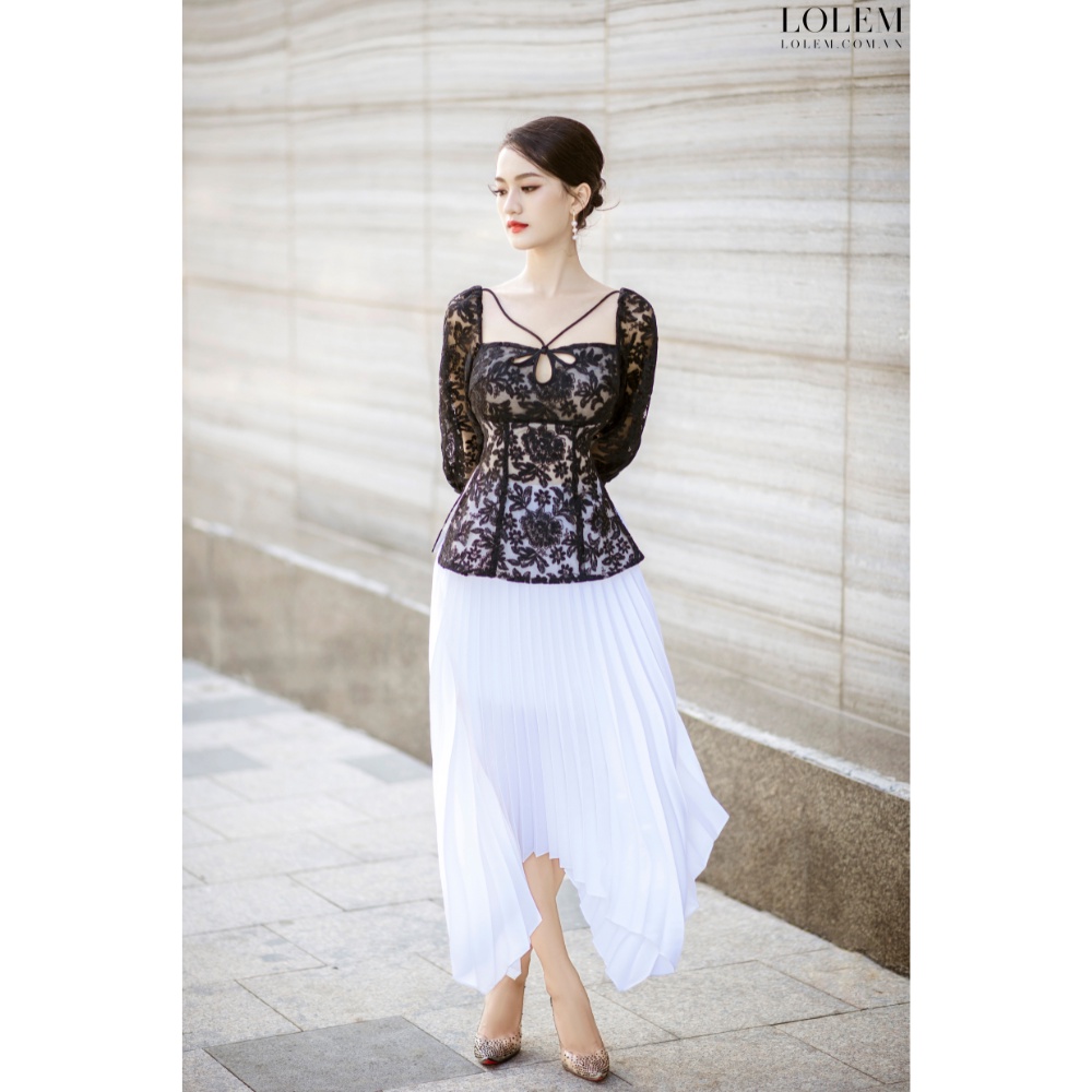 Áo ren tiểu thư LOLEM AK1253 thiết kế cổ vuông tay lỡ vải ren thoáng mát mềm mại