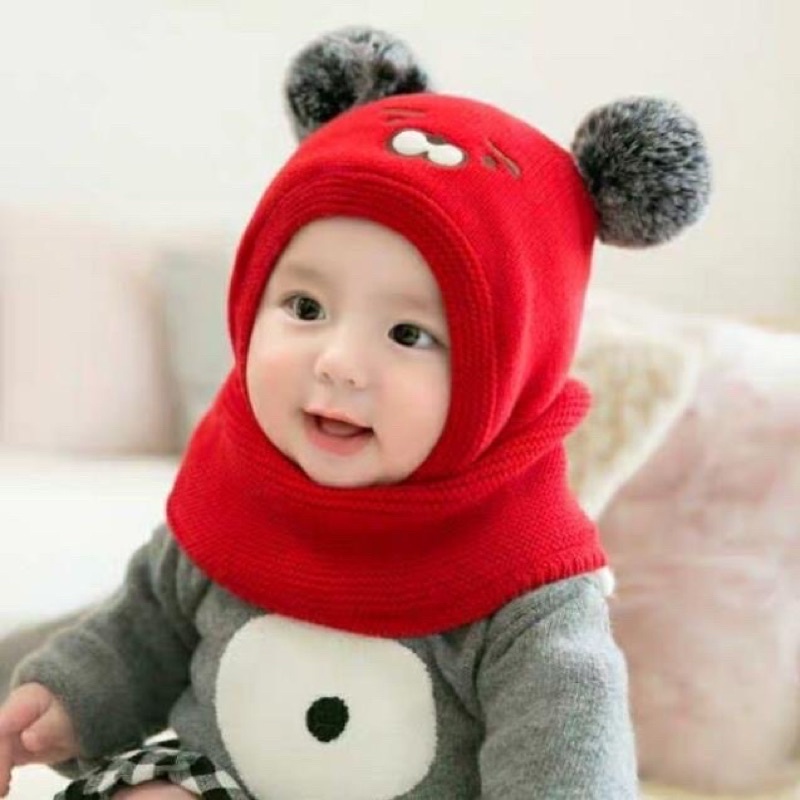 Mũ len chùm liền khăn hình gấu cho bé