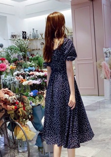 Đầm bi xanh rối cổ U (kèm hình thật)