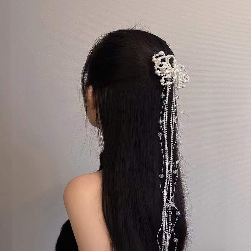 Kẹp Tóc Đính Hạt Ngọc Trai Tua Rua Phong Cách Hàn Quốc Đơn Giản Dành Cho Cô Dâu