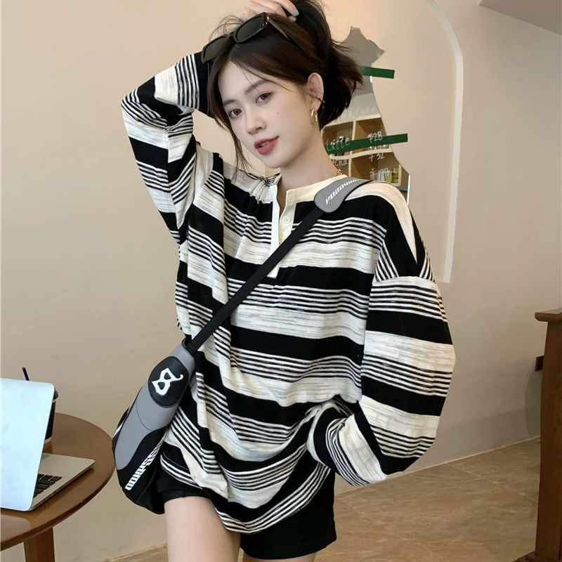 Jiashucheng Áo Thun Dài Tay Dáng Rộng Họa Tiết Kẻ Sọc Màu Sắc Tương Phản Phong Cách Hàn Quốc Cho Nữ