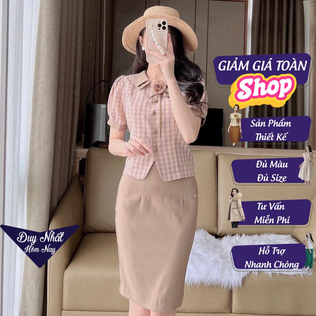 Set sơ mi caro cài hoa mix chân váy bút chì siêu tôn dáng thiết kế Eva Lover