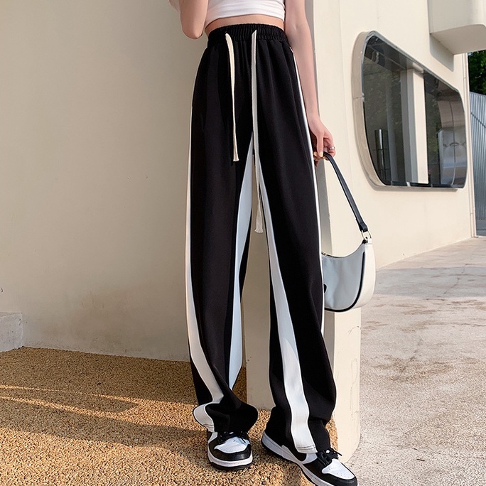 Quần dài ZHELIHANGFEI ống rộng lưng cao phối dây rút thời trang cá tính cho nữ