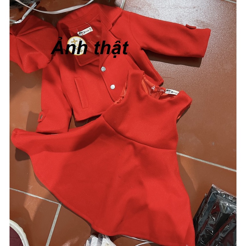 Xả hàng_Set Váy vest dạ bé gái 3 chi tiết Váy gile dạ đỏ, áo khoác dạ và mũ nồi XHN821