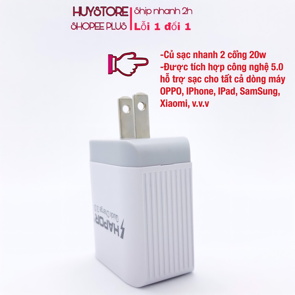 Củ sạc nhanh 2 cổng 20w Hapor, cục sạc nhanh type c - usb, chống cháy nổ - HuyStore