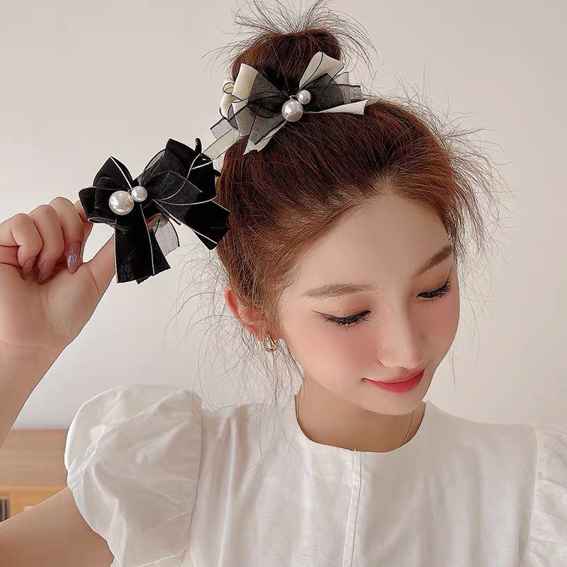 Kẹp Tóc Đuôi Ngựa Cao Với Nơ Lưới Cho Nữ