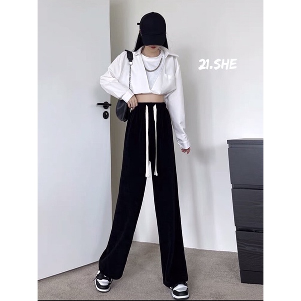 [Ảnh thật/hàng QC] Quần suông nỉ tăm dày dặn hack dáng/ quần culottes chun bụng | BigBuy360 - bigbuy360.vn