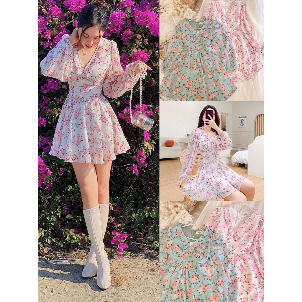 Đầm Hoa Cổ Tim Xếp Ngực