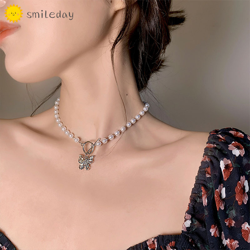 Vòng cổ ngọc trai giả Smileday mặt dây hình bướm phong cách hàn thời trang cho nữ
