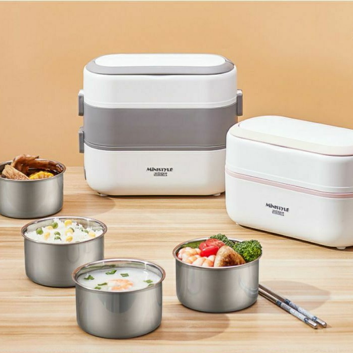 Hộp cơm cắm điện cao cấp hâm nóng nấu chín thức ăn 2 tầng kèm bát inox không gỉ