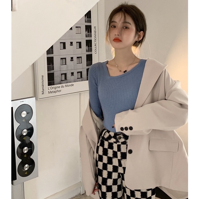 Bộ Áo Khoác Dệt Kim Dài Tay Dáng Rộng + Quần Dài Lưng Cao Sọc Ca Rô Thời Trang Mới 45360 | BigBuy360 - bigbuy360.vn