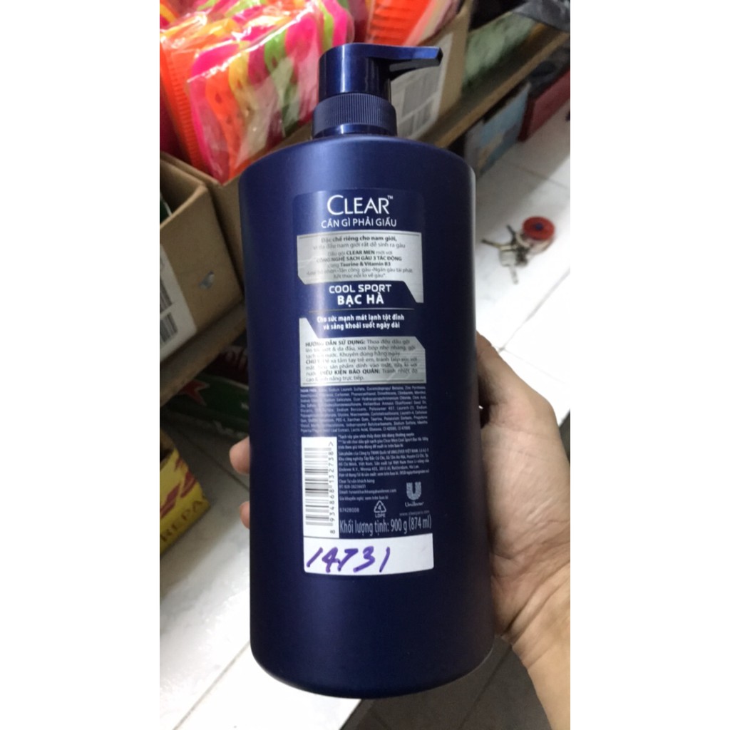 Dầu Gội Clear Men Sport Mát Lạnh Bạc Hà Chai 900G