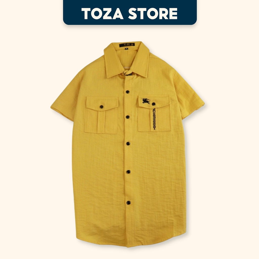 Áo sơ mi nam cộc tay thêu chữ chất liệu đũi thoáng mát TOZA SM02