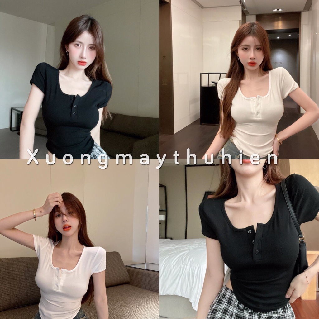 Áo croptop trơn cúc ngực đuôi tôm dáng ôm body cá tính/ Áo crt nữ cổ vuông cộc tay 2 màu mặc tôn dáng_xuongmaythuhien
