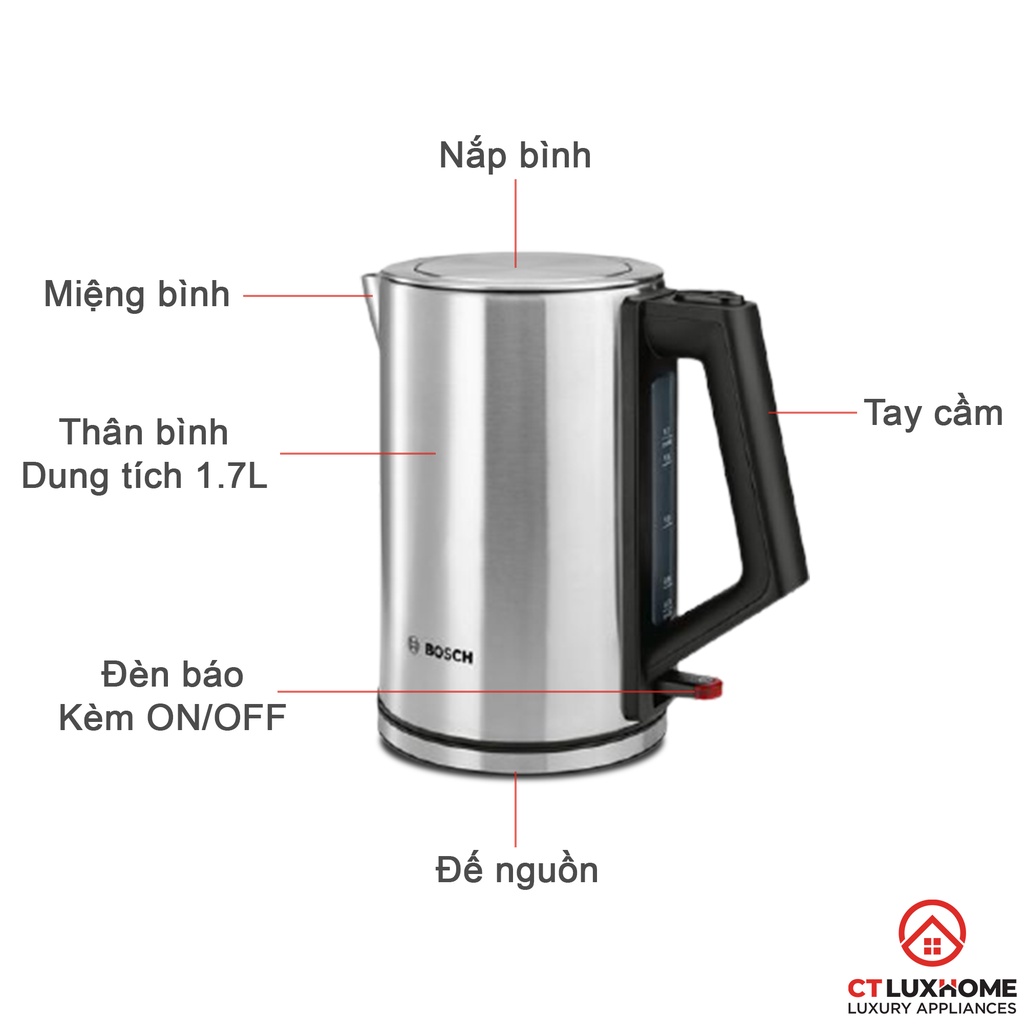Ấm đun nước siêu tốc Bosch TWK7101GB dung tích 1.7L - 3000W - Thép không gỉ - Tấm lọc cặn vôi Limescale