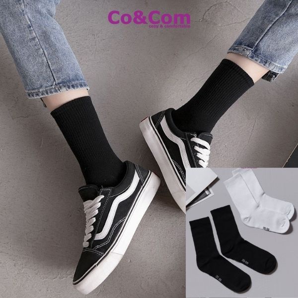 Tất Cổ Cao Unisex Kiểu Dáng Hàn Quốc 2 Màu Đen Trắng Co&amp;Com Vớ Nam Nữ Cotton Mềm Mịn Chống Hôi Chân DPTN009